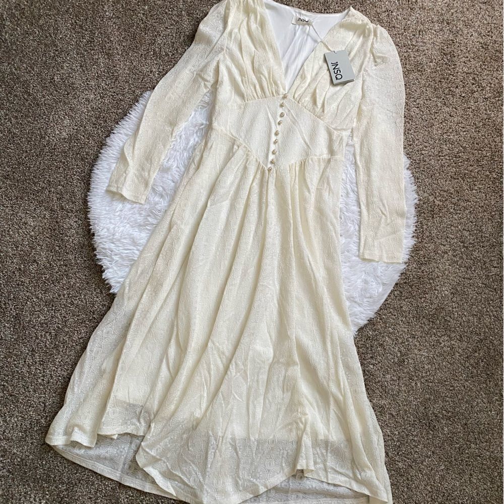 JNSQ Dress Cream Long Sleeve Wool Blend Maxi Cottage Core Farmhouse‎ Prairie 6
